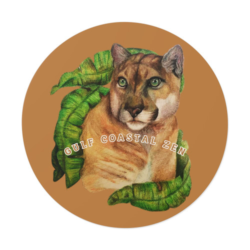 Florida Panther Tropical Leaves Plants Gulf Coastal Zen Ocean Beach Round Vinyl Sticker Light Brown