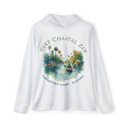 Forgotten Coast Florida Kayak Springs Rivers Gulf Coastal Zen Beach Adult Unisex Sports Fishing UPF 50+ Long Sleeve Hoodie White