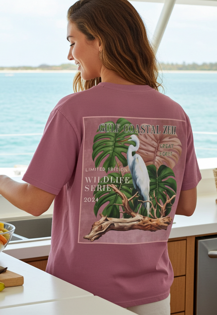 Great Egret Limited Edition Wildlife Series Spring 2024 Gulf Coastal Zen Beach Adult Unisex Short Sleeve T-Shirt
