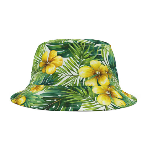 Gulf Coastal Zen Tropical Plant Print Yellow Flowers Plumeria Palm Leaves Unisex Bucket Hat