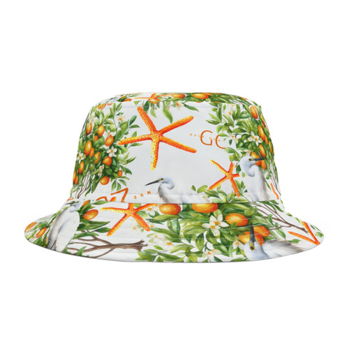 Orange Tree Slices Heron Egret Star Fish Gulf Coastal Zen Beach Ocean Vintage Florida Unisex Bucket Hat White