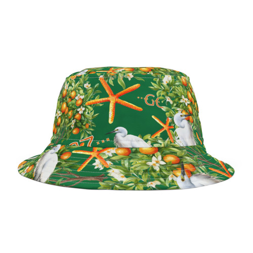 Orange Tree Slices Heron Egret Star Fish Gulf Coastal Zen Beach Ocean Vintage Florida Unisex Bucket Hat Light Green