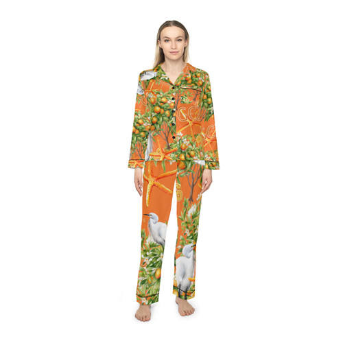 Orange Tree Slices Heron Egret Star Fish Gulf Coastal Zen Beach Citrus Women's Satin Pajamas Light Orange