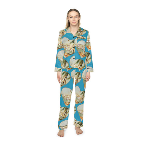 Gulf Coastal Zen Palm Trees Retro Hearts Beach Fire Waves Women's Satin Pajamas Turquoise