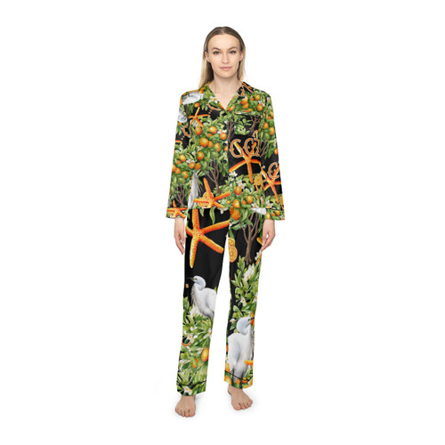 Orange Tree Slices Heron Egret Star Fish Gulf Coastal Zen Beach Citrus Women's Satin Pajamas Black