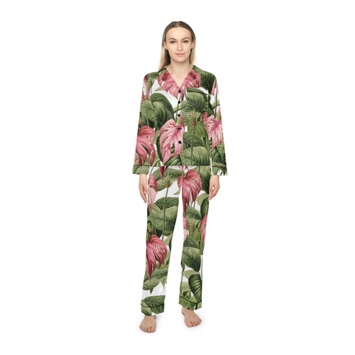 Monstera Tropical Plants Flowers Gulf Coastal Zen Beach Women's Satin Comfy Pajamas