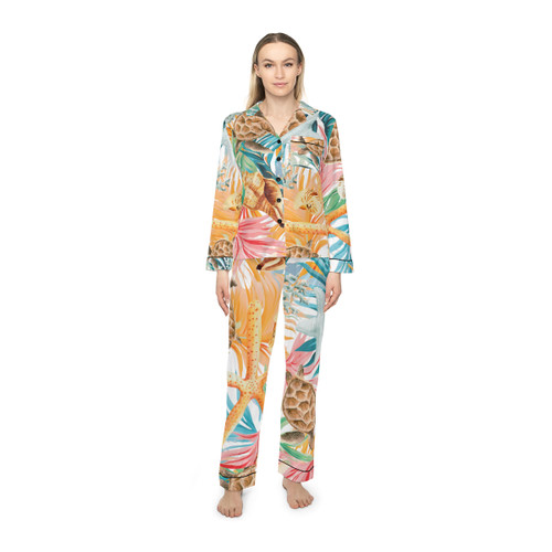 Gulf Coastal Zen Coral Sea Turtle Tropical Sea Shells Women's Satin Button Up Pajamas Set White