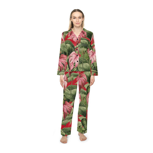 Monstera Tropical Plants Flowers Gulf Coastal Zen Beach Women's Satin Comfy Pajamas Set Red