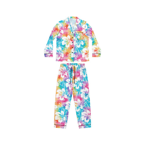 Hibiscus Tie Dye Tropical Plants Flowers Gulf Coastal Zen Beach Women's Satin Comfy Pajamas Set