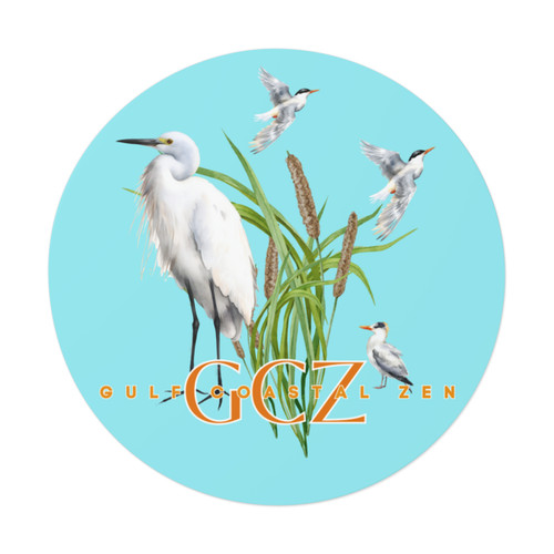 Gulf Coastal Zen Egret Heron Beach Birds Cat Tails Round Vinyl Sticker