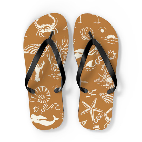 Gulf Coastal Zen Adult Sea Shell Mermaid Star Fish Crab Flip Flops Camel