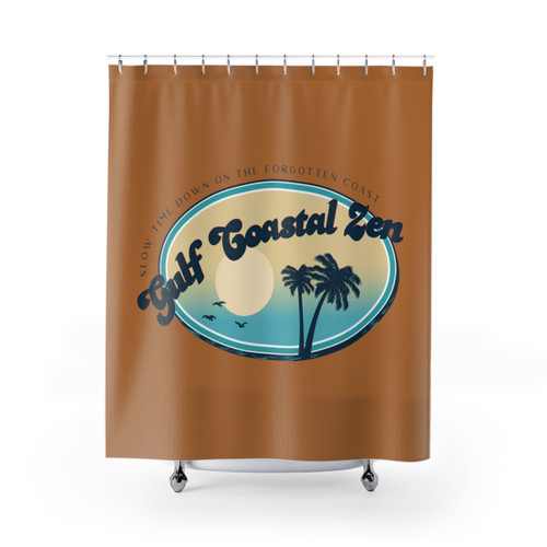 Gulf Coastal Zen Slow Time Down on The Forgotten Coast Palm Tree Logo Shower Curtain Camel