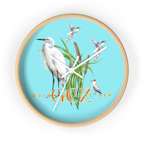 Gulf Coastal Zen Egret Heron Beach Birds Cat Tails Round Wall Clock