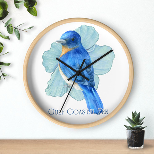 Gulf Coastal Zen Eastern Blue Bird Hibiscus Round Wall Clock