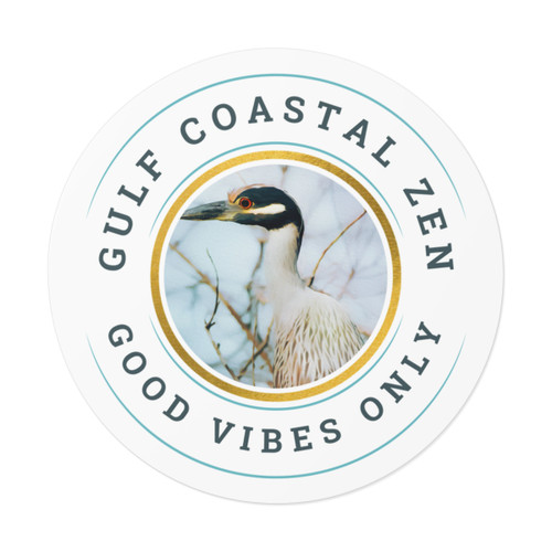 Gulf Coastal Zen Night Heron Good Vibes Only Round Vinyl Sticker White Gulf Coastal Zen Night Heron Good Vibes Only Round Vinyl Sticker White