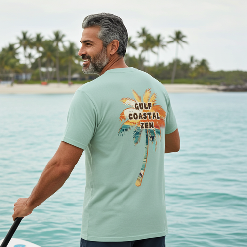 Gulf Coastal Zen Retro Beach Palm Tree logo Adult T Shirt