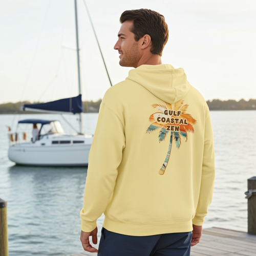 Gulf Coastal Zen Retro Beach Palm Tree logo Lightweight Hoodie Sweatshirt