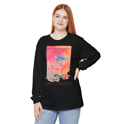 Gulf Coastal Zen Forgotten Coast Sea Turtle Watercolor Splash Coral Sea Horse Ocean Beach Adult Long Sleeve T-shirt