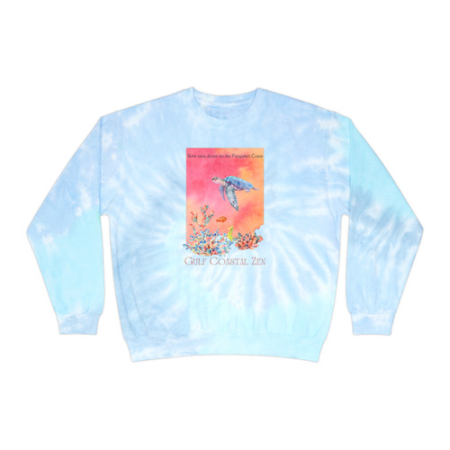 Gulf Coastal Zen Forgotten Coast Watercolor Splash Sea Turtle Coral Tie-Dye Sweatshirt