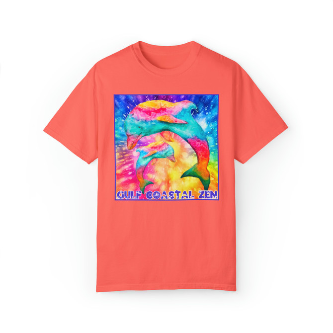 Gulf Coastal Zen Groovy Dolphin Family Hippie Tie dye Adult Short Sleeve Comfort Colors T-shirt
