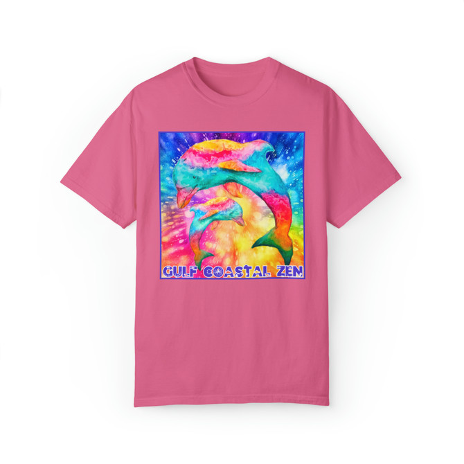 Gulf Coastal Zen Groovy Dolphin Family Hippie Tie dye Adult Short Sleeve Comfort Colors T-shirt