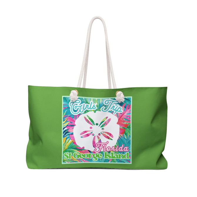Girls Trip St George Island Florida Sand Dollar Tropical Leaves Gulf Coastal Zen Beach Weekender Bag Green