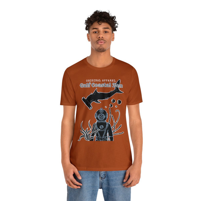 Gulf Costal Zen Original Apparel Vintage Diver Hammer Head Shark Florida Beach Scene Adult Unisex Short Sleeve T-Shirt