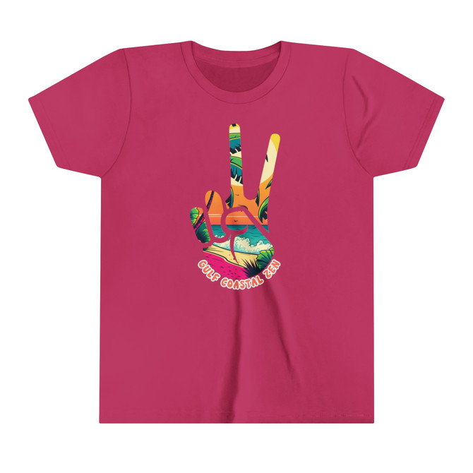 Gulf Costal Zen Vintage Florida Peace Sign Hand Beach Scene Youth Kids Short Sleeve T-Shirt