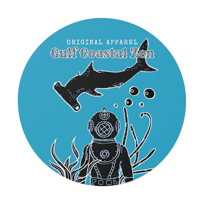 Vintage Diver Suit Hammerhead Shark Under the Sea Round Vinyl Sticker Turquoise