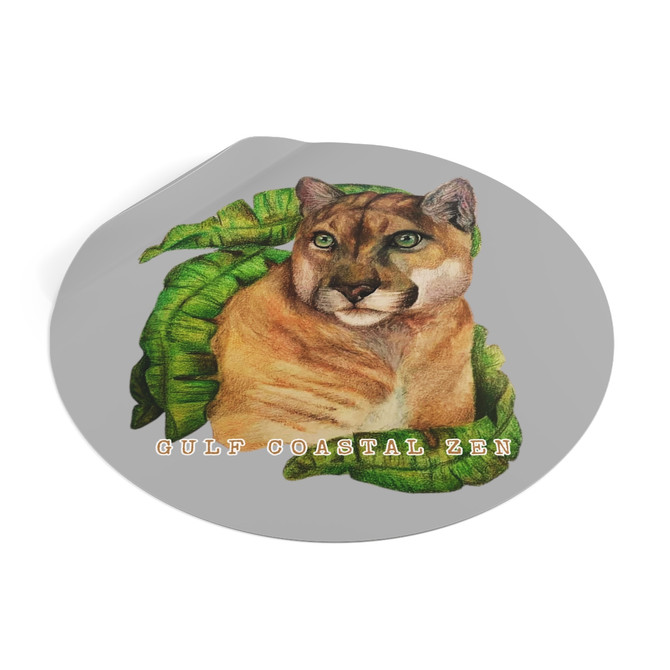 Florida Panther Tropical Leaves Gulf Coastal Zen Ocean Beach Round Vinyl Sticker Light Grey