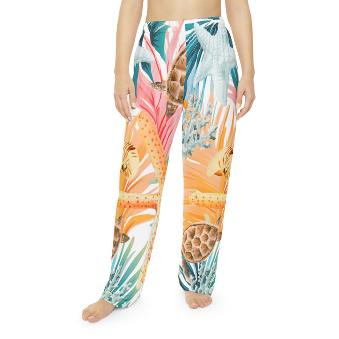 Gulf Coastal Zen Coral Sea Turtle Tropical Sea Shells Elastic Waist Women's Pajama Pants 