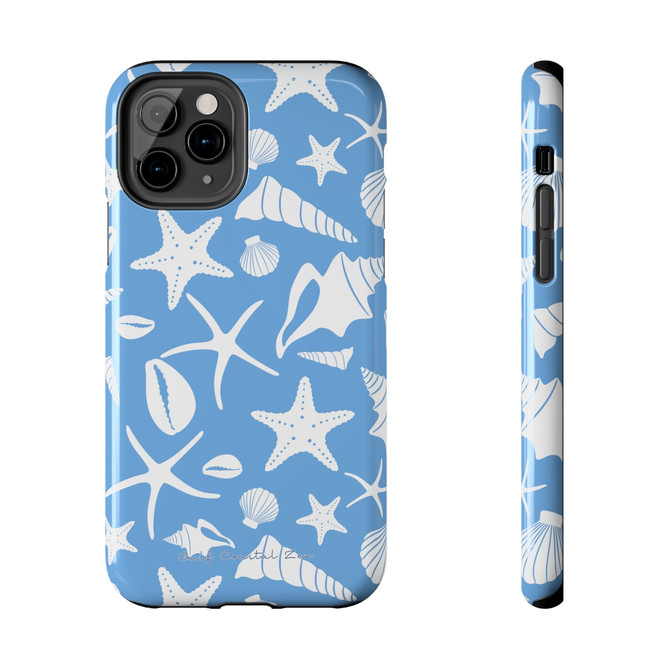 White Sea Shells Galore Gulf Coastal Zen Beach Ocean Tough Phone Cases Sky Blue