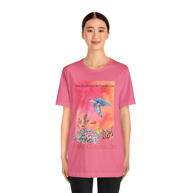 Gulf Coastal Zen Forgotten Coast Sea Horse Sea Turtle Tropical Fish Coral Ocean Florida Adult Unisex Short Sleeve T-shirt