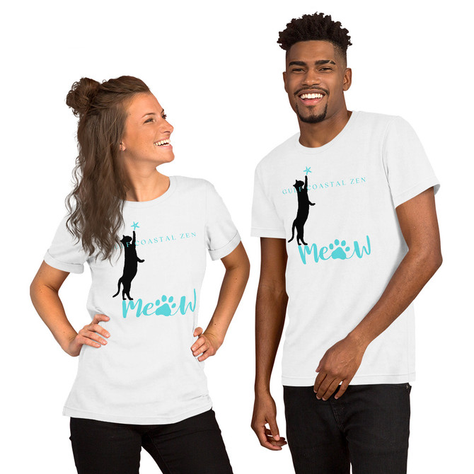 Gulf Coastal Zen Meow Black Cat Reaching for Star Fish T Shirt