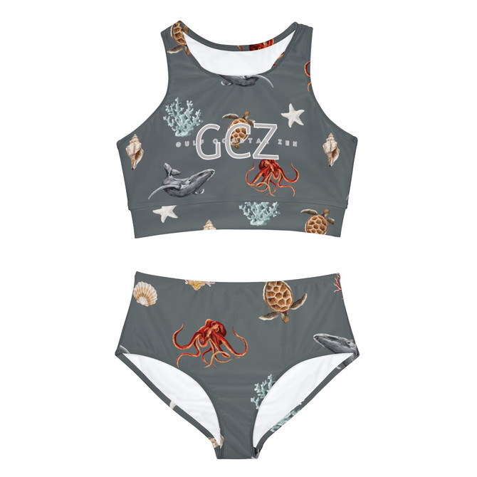 Gulf Coastal Zen Majestic Waters Whale Sea Turtle Sporty Bikini Set Grey