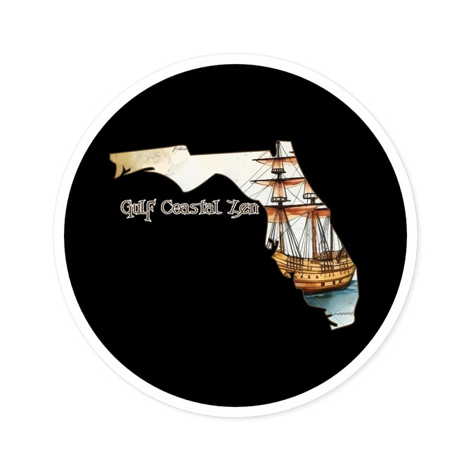 Gulf Coastal Zen Pirate Ship State of Florida Round Sticker, Indoor\Outdoor Black