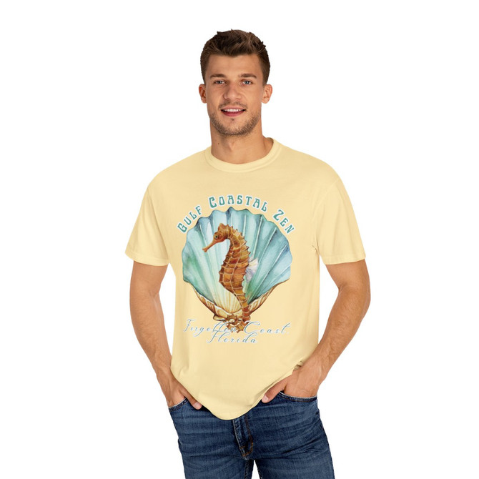 Gulf Coastal Zen Forgotten Coast Florida Sea Shell Clam Sea Horse Comfort Colors Adult Short Sleeve T-shirt
