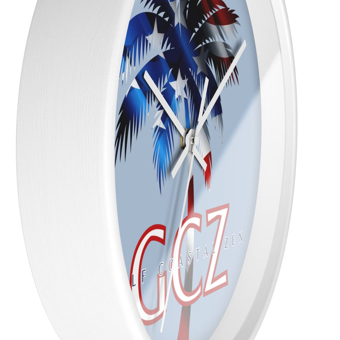 Gulf Coastal Zen American Flag Patriot Palm Round Wall Clock Steel Blue