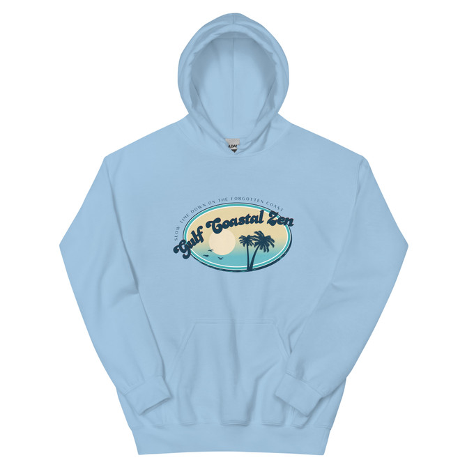 Gulf Coastal Zen blue palm tree logo hoodie