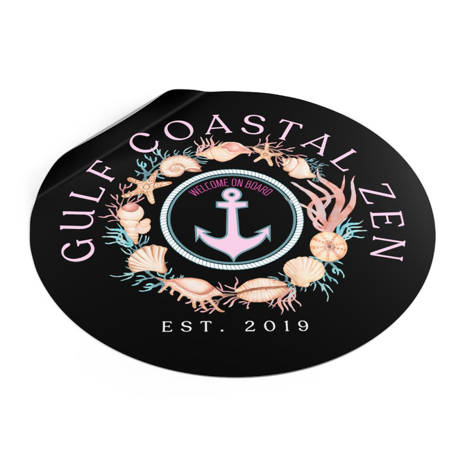 Gulf Coastal Zen Sea Shell Wreath Round Vinyl Sticker Black