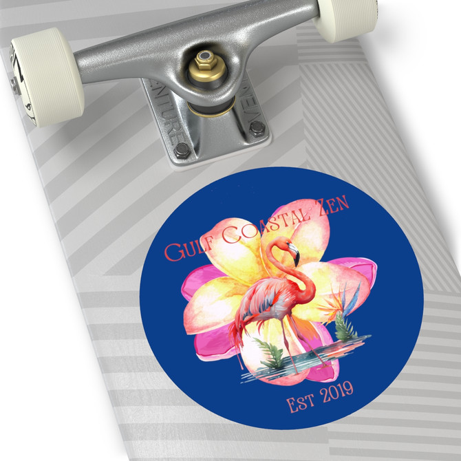 Gulf Coastal Zen For the Love of Flamingos Hibiscus Flower Round Vinyl Sticker Navy