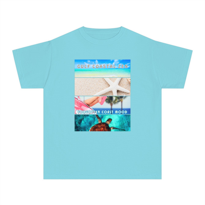 Gulf Coastal Zen Palm Tree Forgotten Coast Mood Beach 4 Scene Starfish Sea Turtle Youth Midweight Short Sleeve T-Shirt