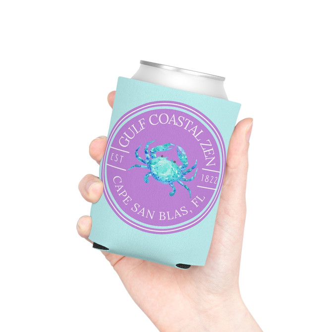Gulf Coastal Zen Forgotten Coast Mood Crab Cape San Blas Beach Ocean Can Cooler Coozie Aqua