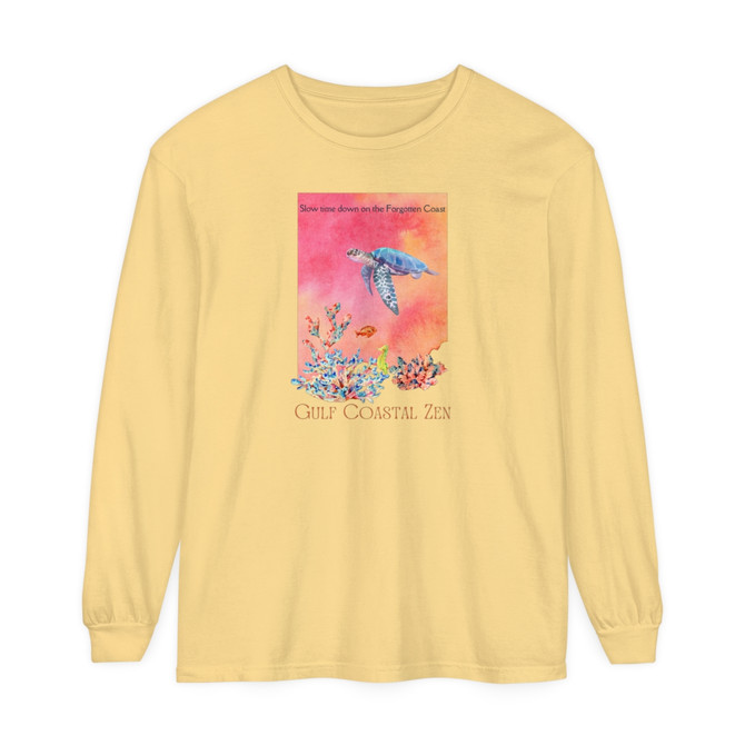 Gulf Coastal Zen Forgotten Coast Sea Turtle Watercolor Splash Coral Sea Horse Ocean Beach Adult Long Sleeve T-shirt