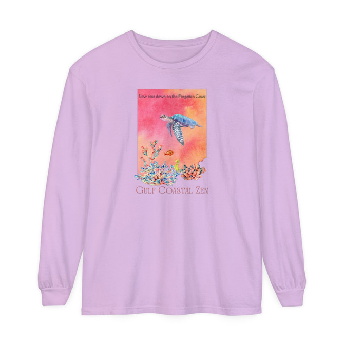 Gulf Coastal Zen Forgotten Coast Sea Turtle Watercolor Splash Coral Sea Horse Ocean Beach Adult Long Sleeve T-shirt