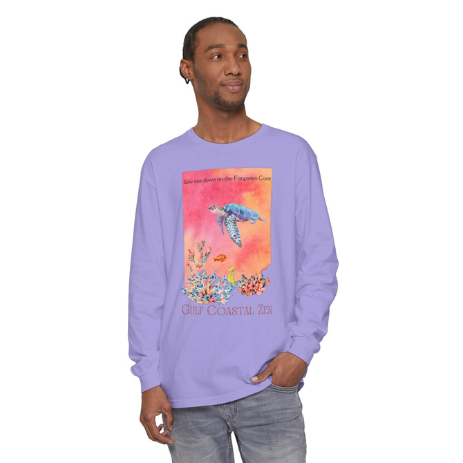 Gulf Coastal Zen Forgotten Coast Sea Turtle Watercolor Splash Coral Sea Horse Ocean Beach Adult Long Sleeve T-shirt