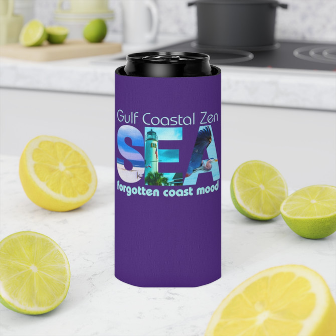 Gulf Coastal Zen Forgotten Coast SEA Heron Light House Nautical Ocean Beach Roses Coozie Can Cooler Purple