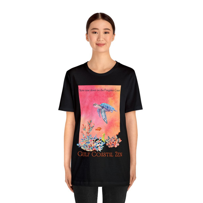 Gulf Coastal Zen Forgotten Coast Sea Horse Sea Turtle Tropical Fish Coral Ocean Florida Beach Adult Short Sleeve T-shirt