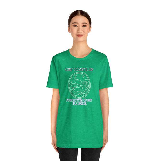 Gulf Coastal Zen Forgotten Coast Waves Moon Stars Ocean Beach T-Shirt Green