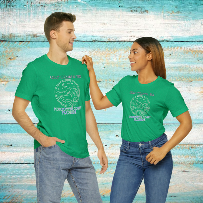 Gulf Coastal Zen Forgotten Coast Waves Moon Stars Ocean Beach T-Shirt Green